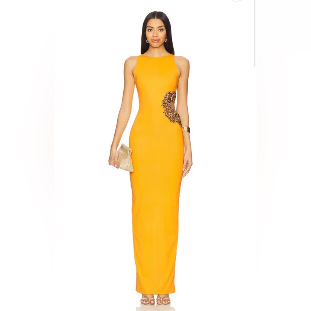 NWOT BRONX AND BANCO Camila Yellow Rhinestone Cutout Maxi Dress - Picture 3 of 15